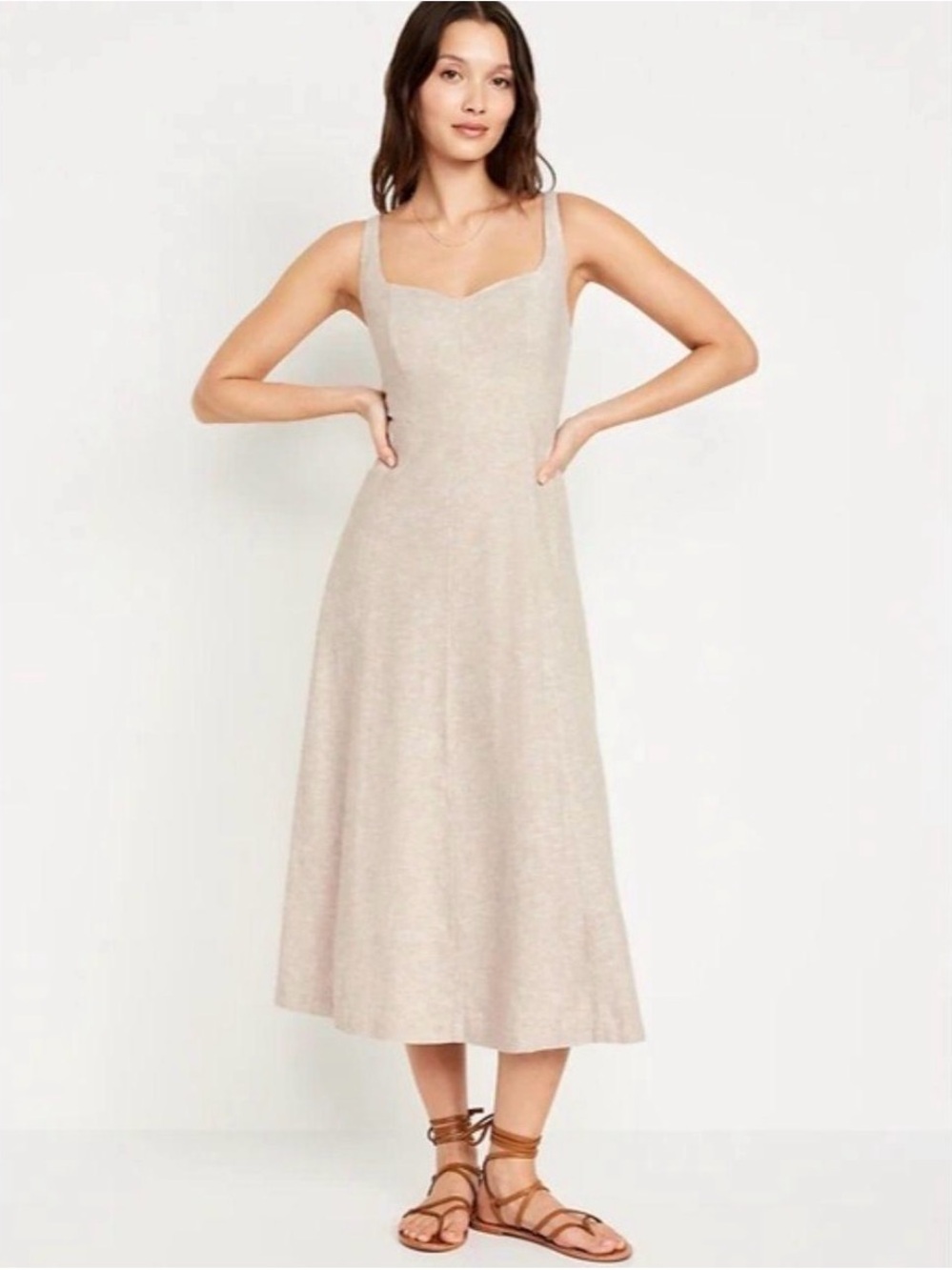 Sweetheart Neckline Linen Midi Dress